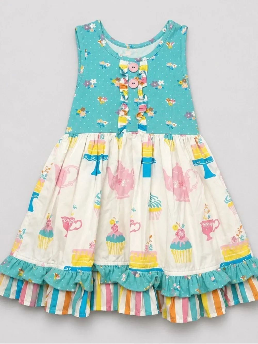 Eleanor Rose "Birthday Wishes" Rhonda dress tea party print ruffled details 3/4